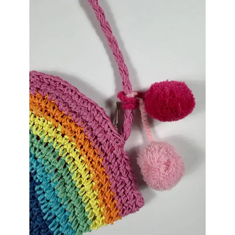 Capelli New York Rainbow Crochet Crossbody Purse Pink Pom Pom Kids